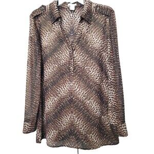 CACHE Sheer Cheetah Print Long Sleeve Henley Neck Blouse Size Medium